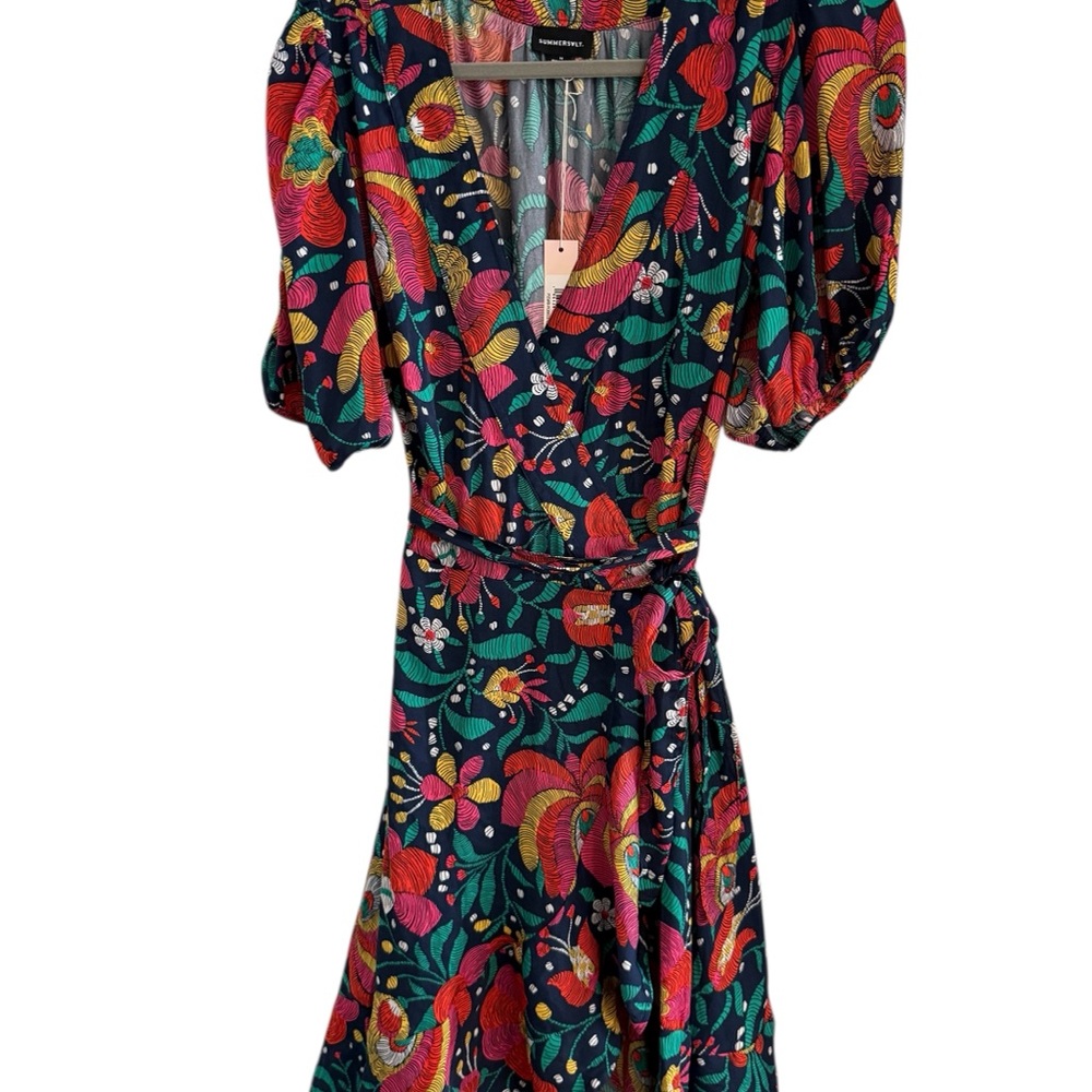 Summersalt Wrap Dress Womens 14 Floral Navy Multicolor Puff Sleeve Wrap Tie Midi - Picture 2 of 11